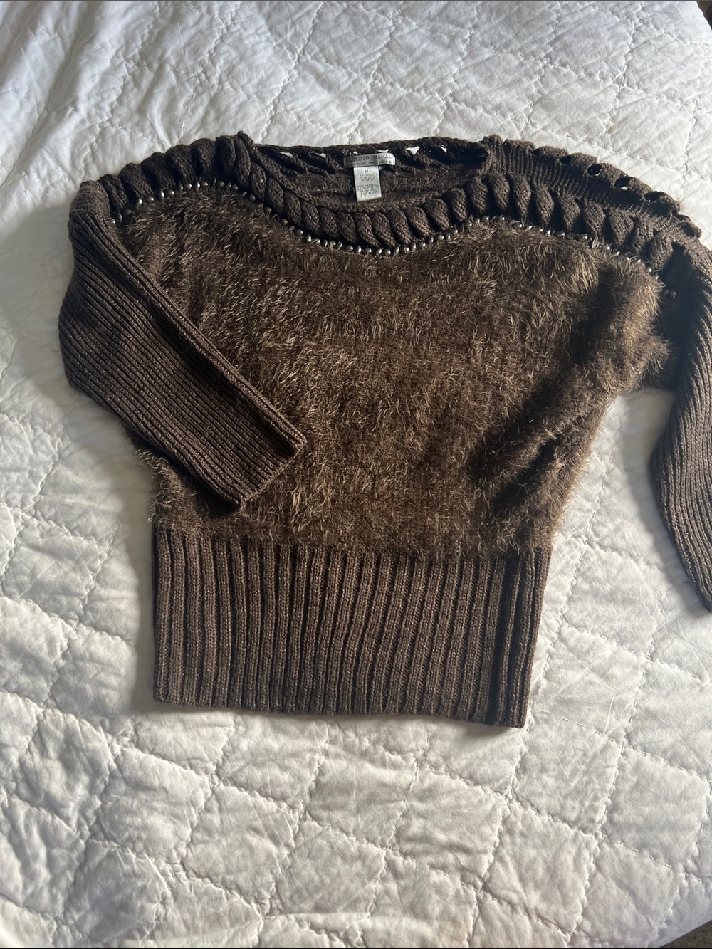 Alberto Makali Off-the-Shoulder Fuzzy Brown Knit Sweater